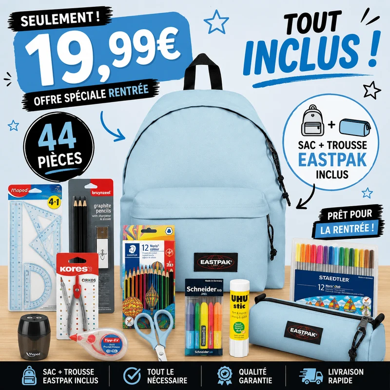 Pack Fournitures Scolaires + Sac & Trousse Eastpak (Bleu)