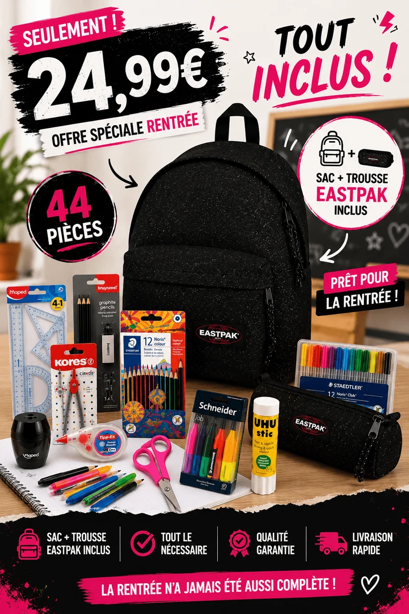 Pack Fournitures Scolaires + Sac & Trousse Eastpak (Noir Paillettes)