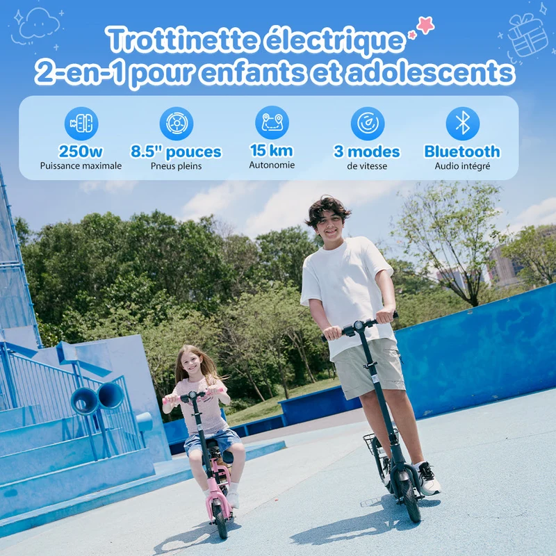 iScooter iK7 – Trottinette électrique enfant 2-en-1 avec siège et panier