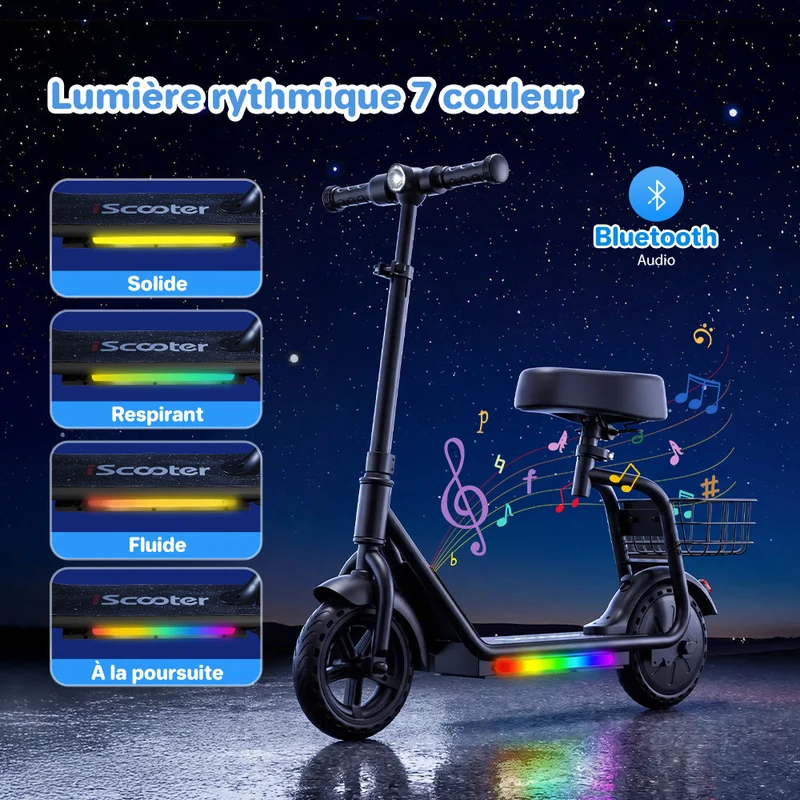 iScooter iK7 – Trottinette électrique enfant 2-en-1 avec siège et panier