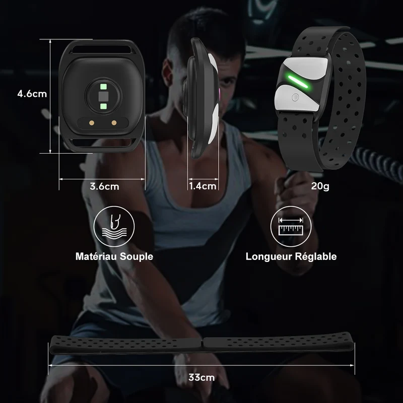 Brassard Cardio-Fréquencemètre, Bluetooth 5.0/ANT+, Étanchéité IP67