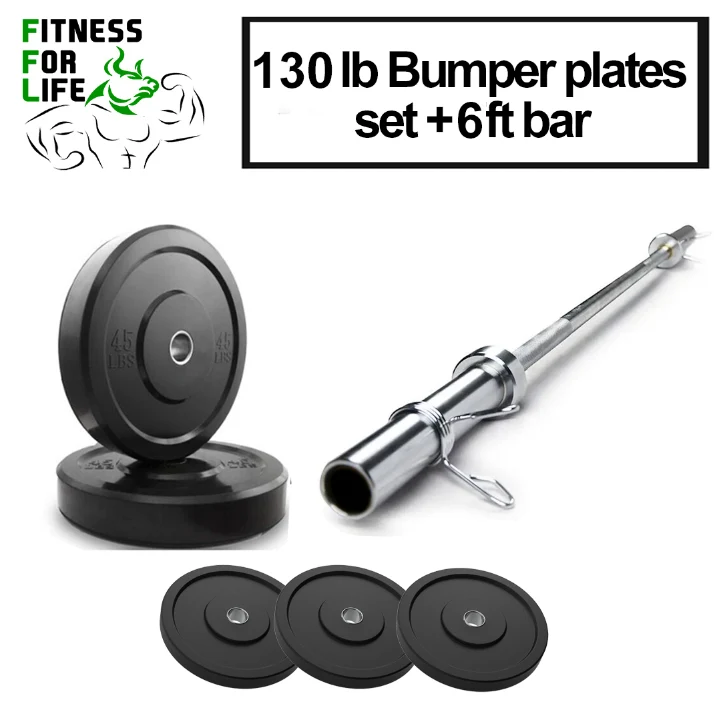 130 Lb Bumper Plates set with 6 ft bar