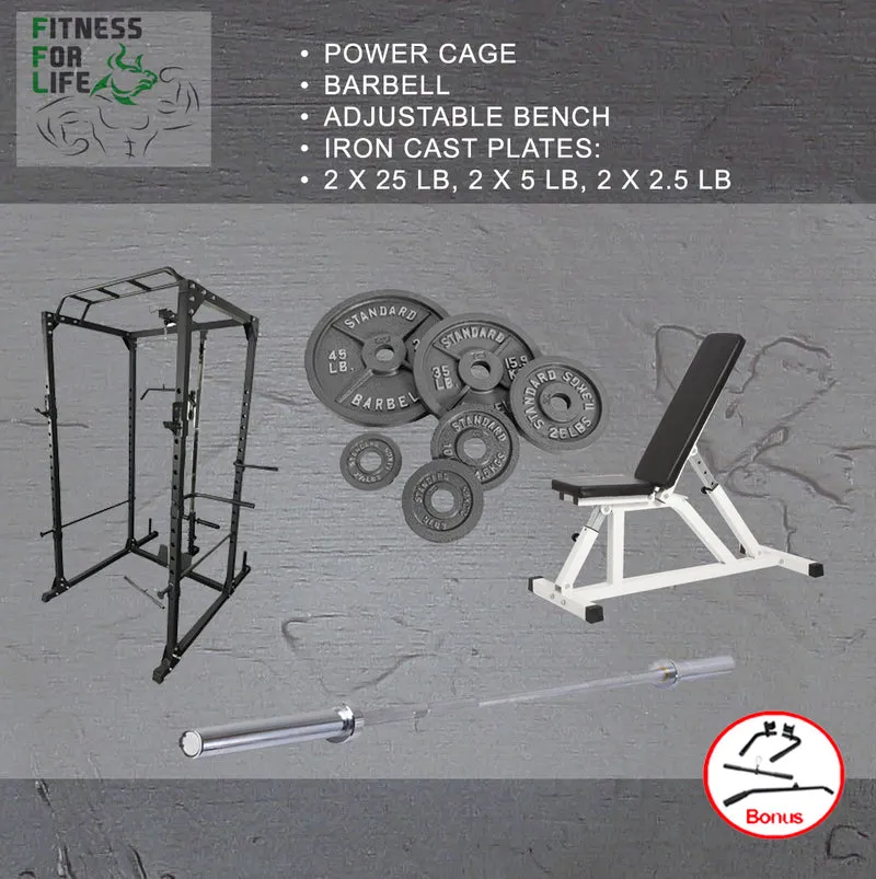 Power Rack Lat Pulldown Bundle + Deluxe Bench (Metal plates)