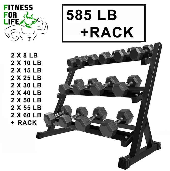 586 lb HEX Dumbbells Set + Rack