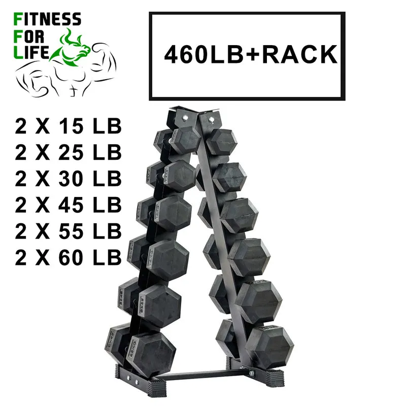 460 lb HEX Dumbbells set + Rack