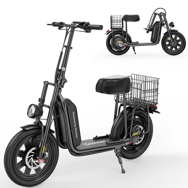 iScooter F7 Seated Electric Scooter - 16" Fat Tires, Detachable Cargo Basket