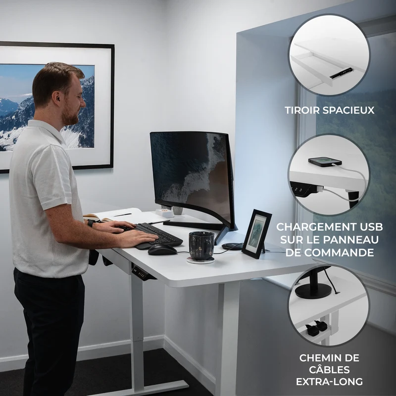 Bureau Assis-Debout Électrique Avec Tiroir (140 x 60 cm)