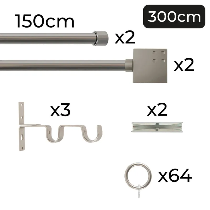 Tringle à rideau double Ø22mm Carré Avec anneaux Installation au mur