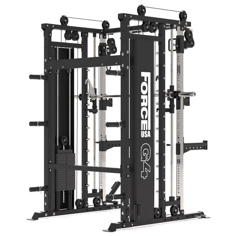 G4 All-In-One Trainer: Rack, Smith Machine et Double Poulie + 154 kg de Poids Inclus