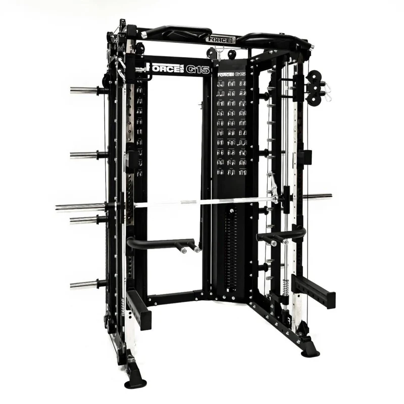 G15® All-In-One Trainer - Smith Machine, Rack + Double Poulie (Rapport de Câbles 2:1 et 4:1) + 260 Kg de Plaques Incluses